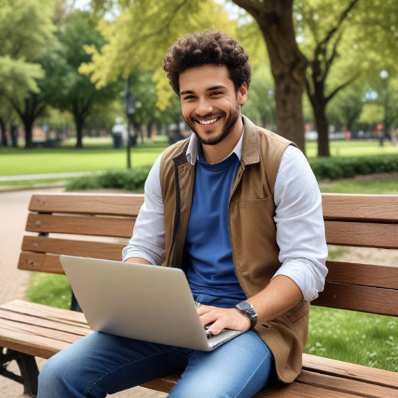 A smiling software architect uses a laptop at a park bench, showcasing an efficient workflow.