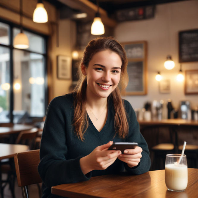 A young professional holding a smartphone in a cozy cafe, smiling.