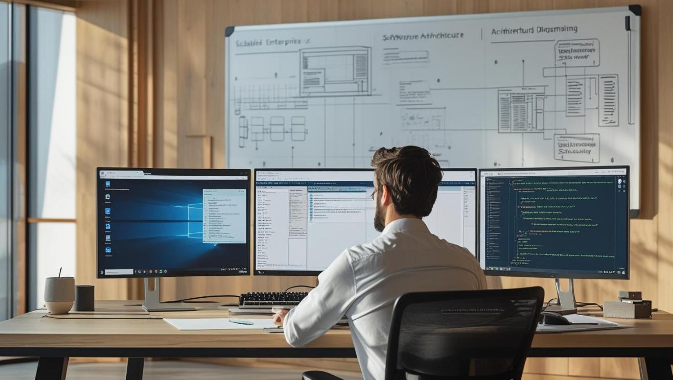 Modern enterprise software workspace with Windows 11 and active development on multiple screens.