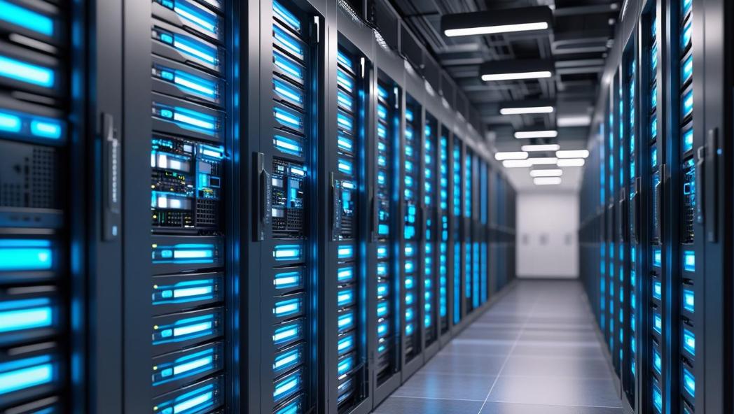 Modern server room with glowing blue lights symbolizing cloud-native scalable architecture systems.