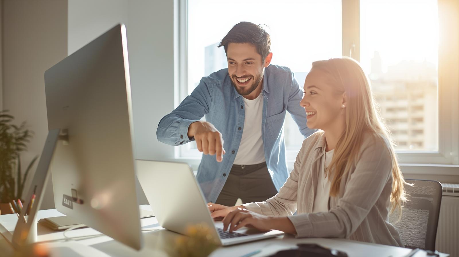 Two colleagues collaborating at laptop, warm daylight workspace, positive teamwork mood.