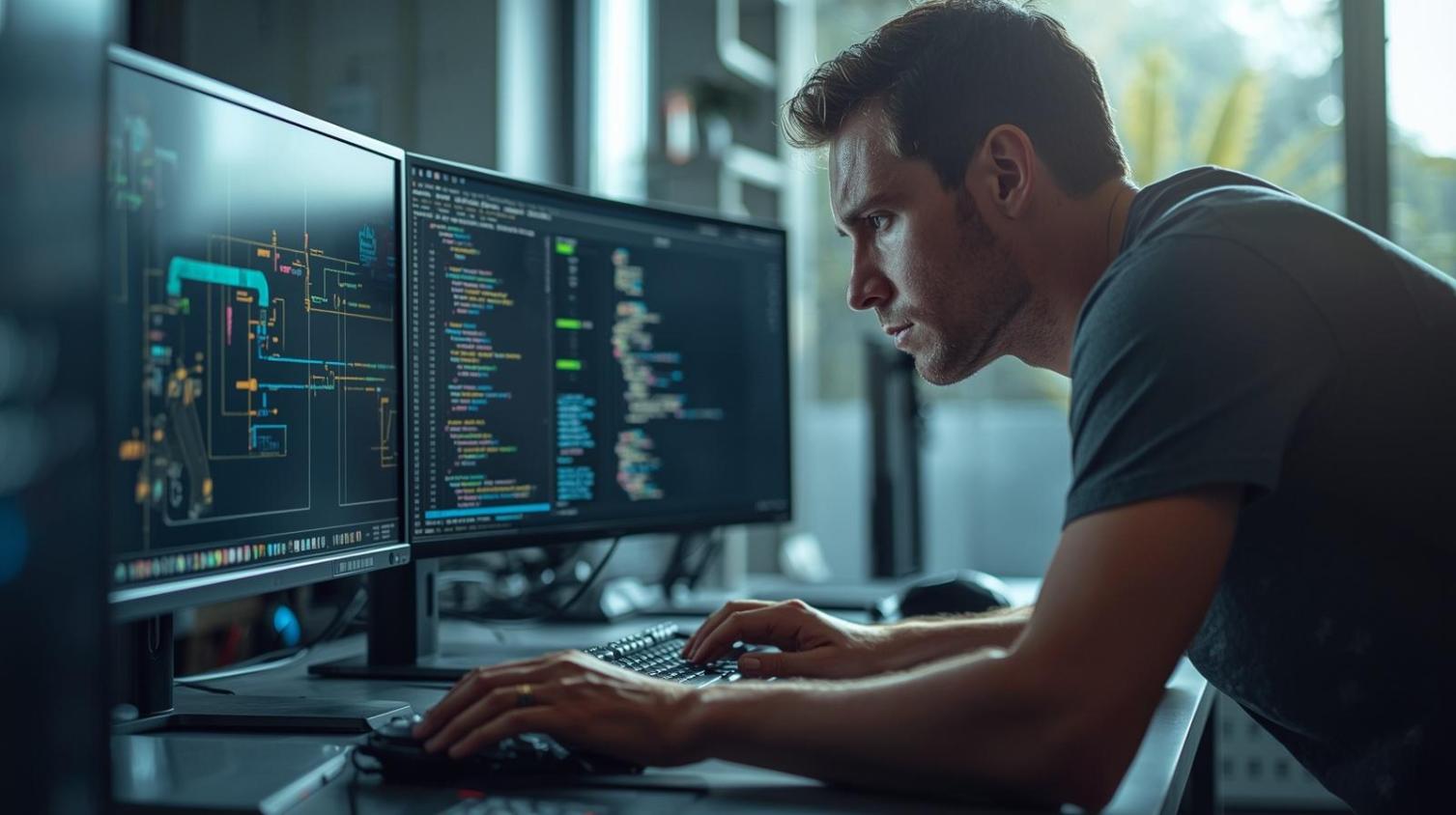 Focused engineer studying software architecture while watching esports strategy unfold on screens.